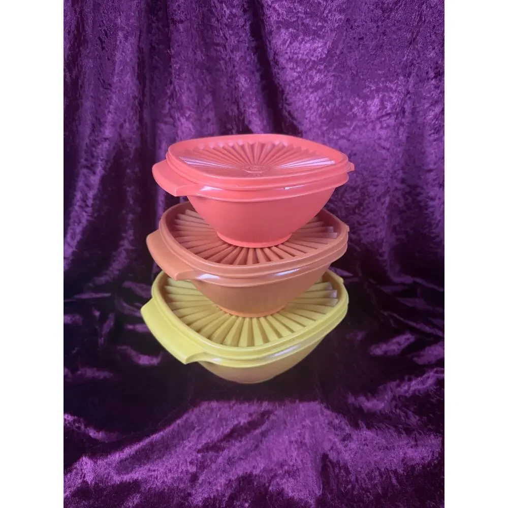Vintage Tupperware Plastic Servalier Bowl Set – Harvest Colors Sunburst Lids